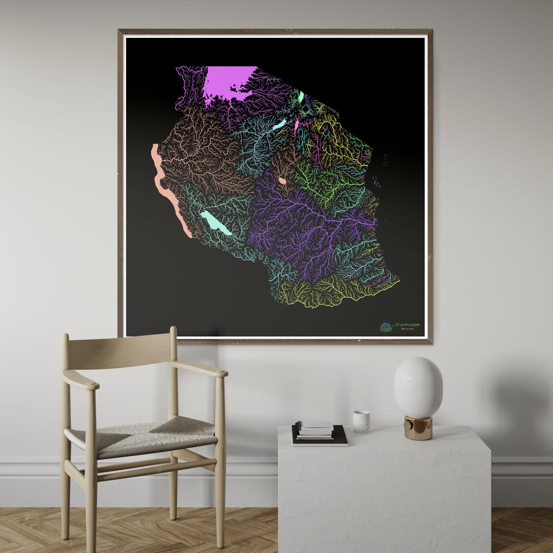 River basin map of Tanzania, pastel colours on black - Fine Art Print