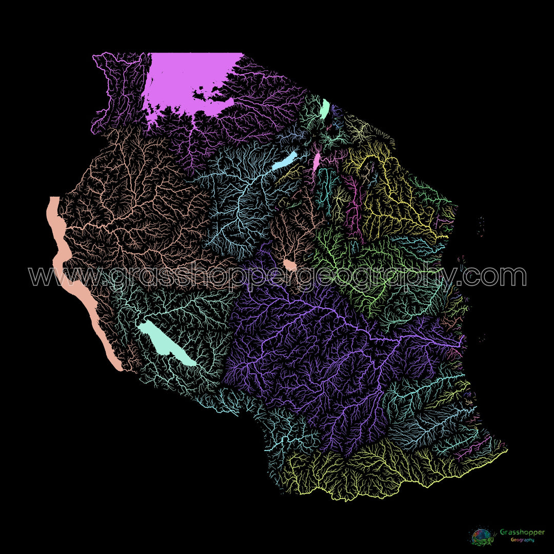 River basin map of Tanzania, pastel colours on black - Fine Art Print