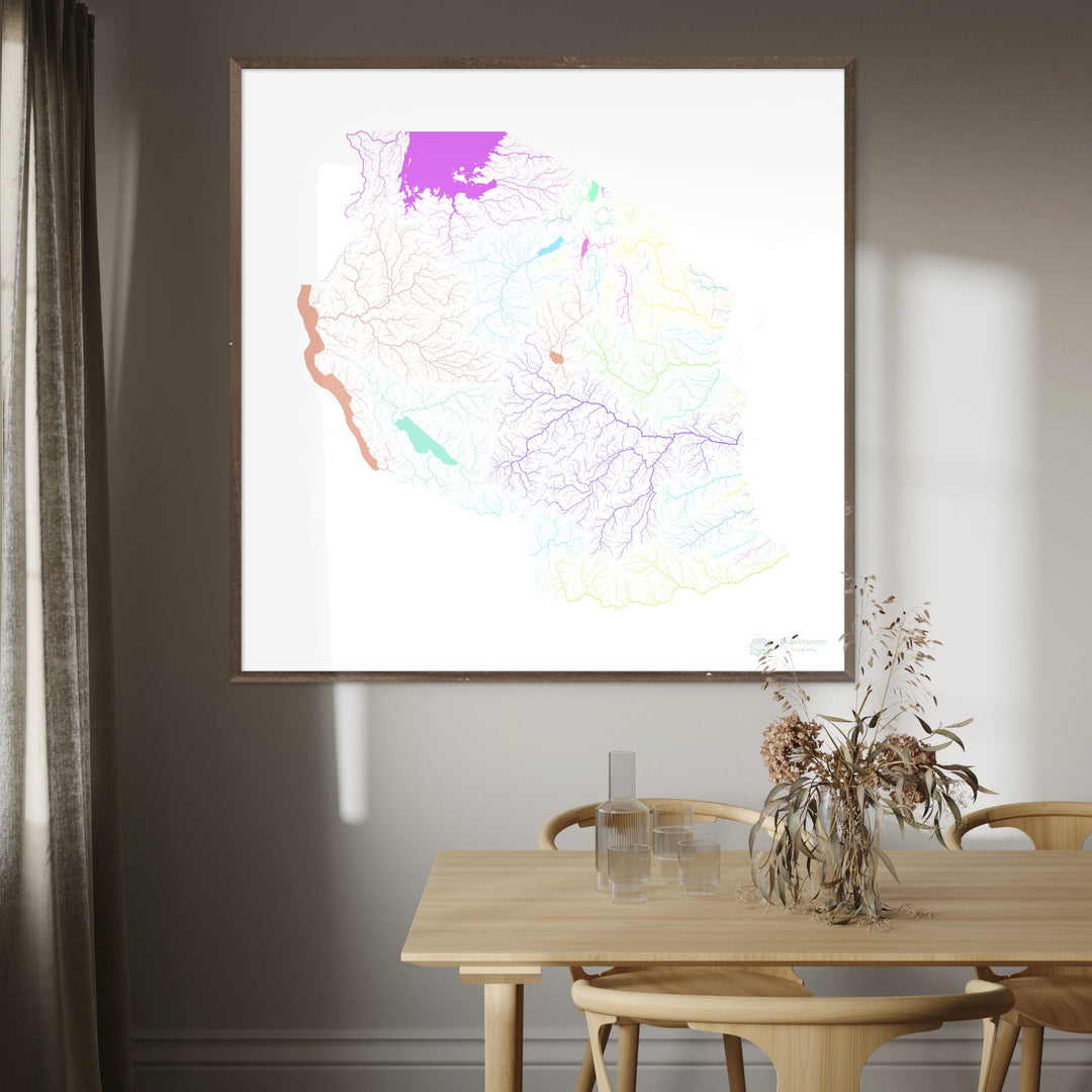 River basin map of Tanzania, pastel colours on white - Fine Art Print