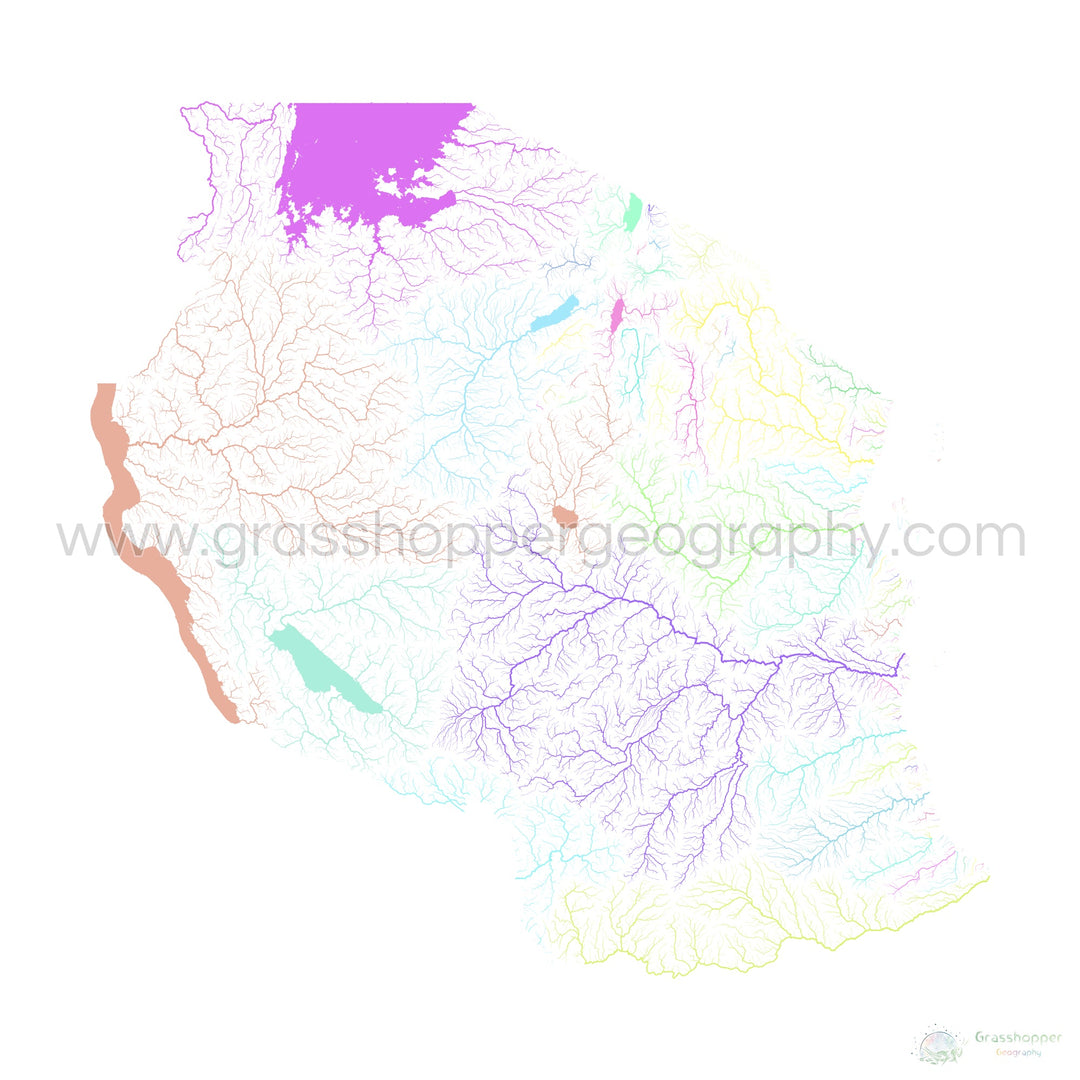 River basin map of Tanzania, pastel colours on white - Fine Art Print