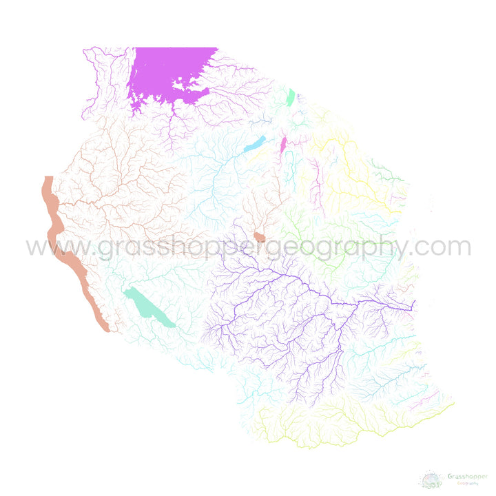 Tanzanie - Carte des bassins fluviaux, pastel sur blanc - Fine Art Print
