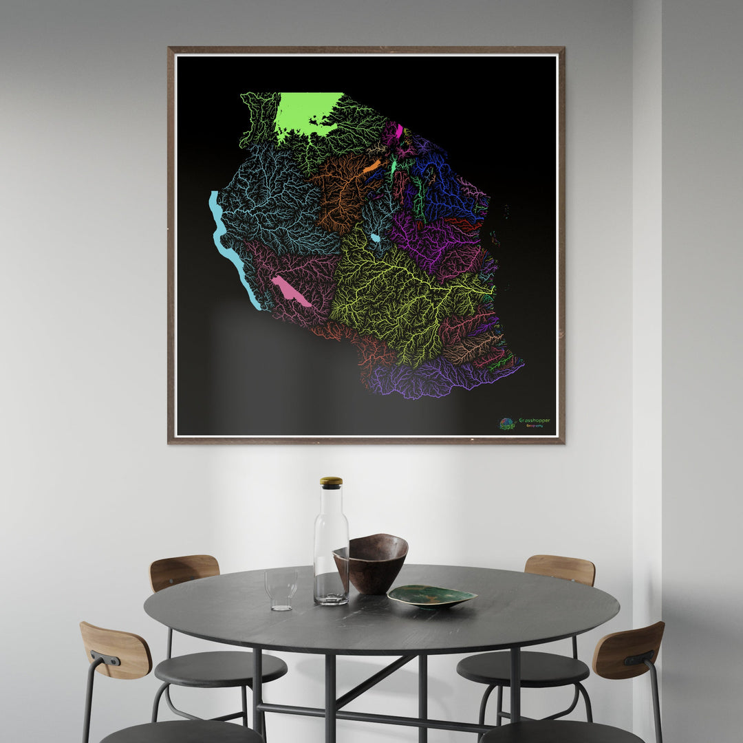 Tanzania - Mapa de la cuenca fluvial, arco iris sobre negro - Impresión de Bellas Artes