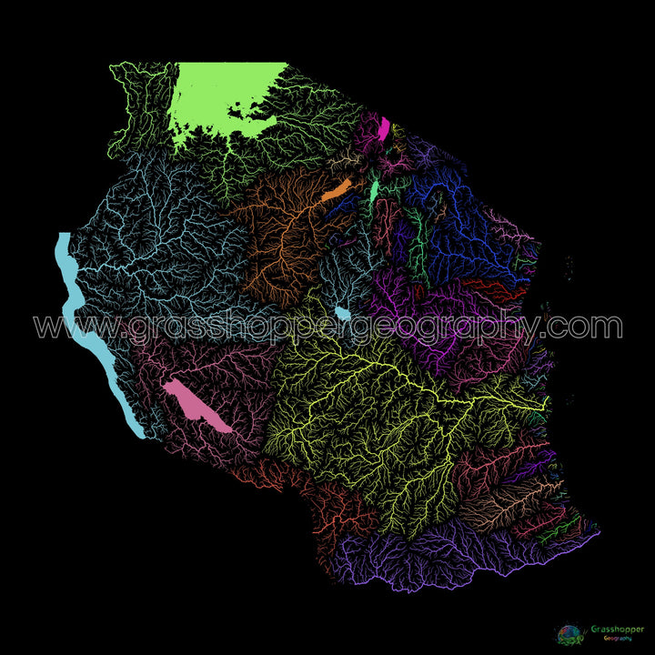 Tanzania - Mapa de la cuenca fluvial, arco iris sobre negro - Impresión de Bellas Artes