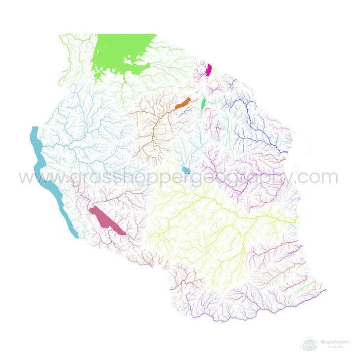 Tanzania - Mapa de la cuenca fluvial, arco iris sobre blanco - - Impresión de bellas artes