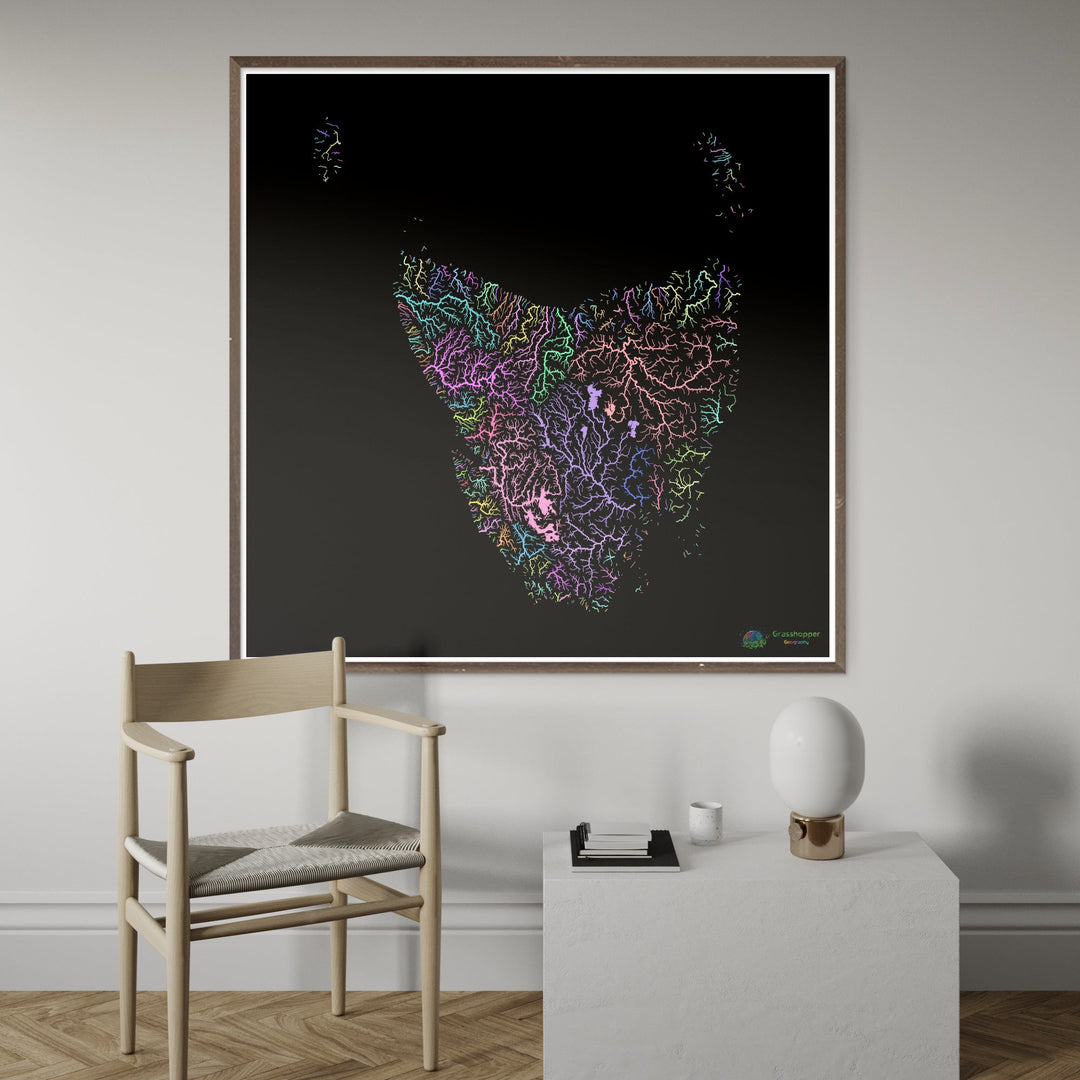 Tasmanie - Carte des bassins fluviaux, pastel sur noir - Fine Art Print