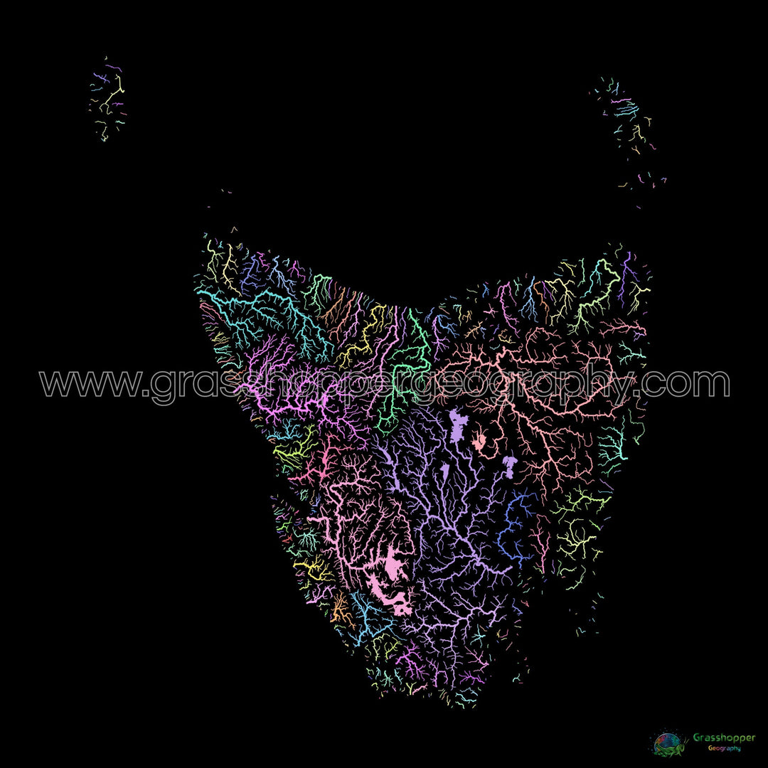 Tasmânia - Mapa da bacia hidrográfica, pastel sobre preto - Impressão de belas artes