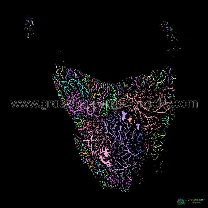 Tasmania - Mapa de la cuenca fluvial, pastel sobre negro - Impresión de Bellas Artes