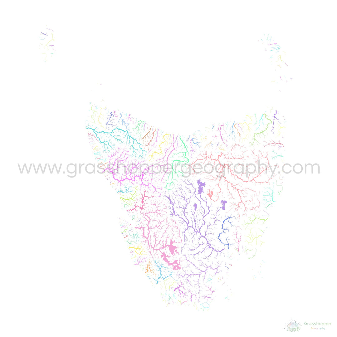 Tasmânia - Mapa da bacia hidrográfica, pastel sobre branco - Impressão de belas artes