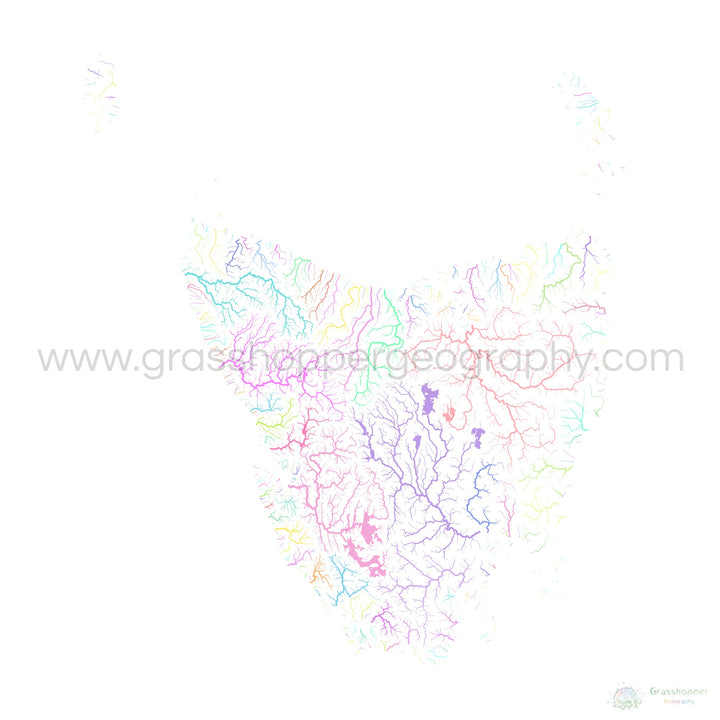 Tasmânia - Mapa da bacia hidrográfica, pastel sobre branco - Impressão de belas artes