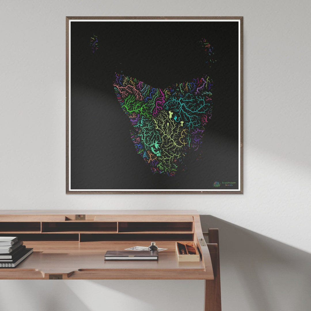 Tasmania - Mapa de la cuenca fluvial, arco iris sobre negro - Impresión de Bellas Artes