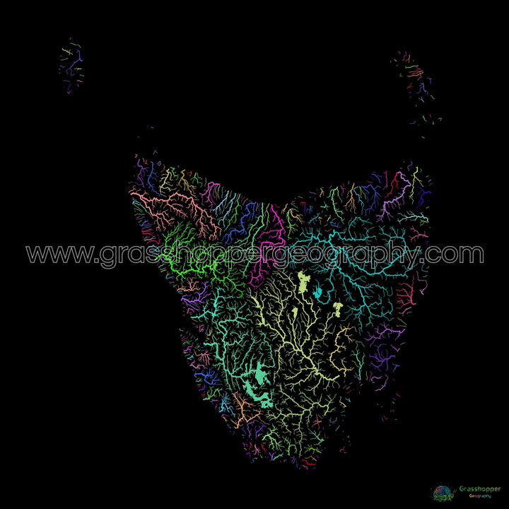 Tasmania - Mapa de la cuenca fluvial, arco iris sobre negro - Impresión de Bellas Artes