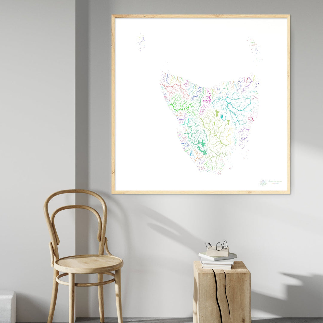 Tasmanie - Carte du bassin fluvial, arc-en-ciel sur blanc - Fine Art Print