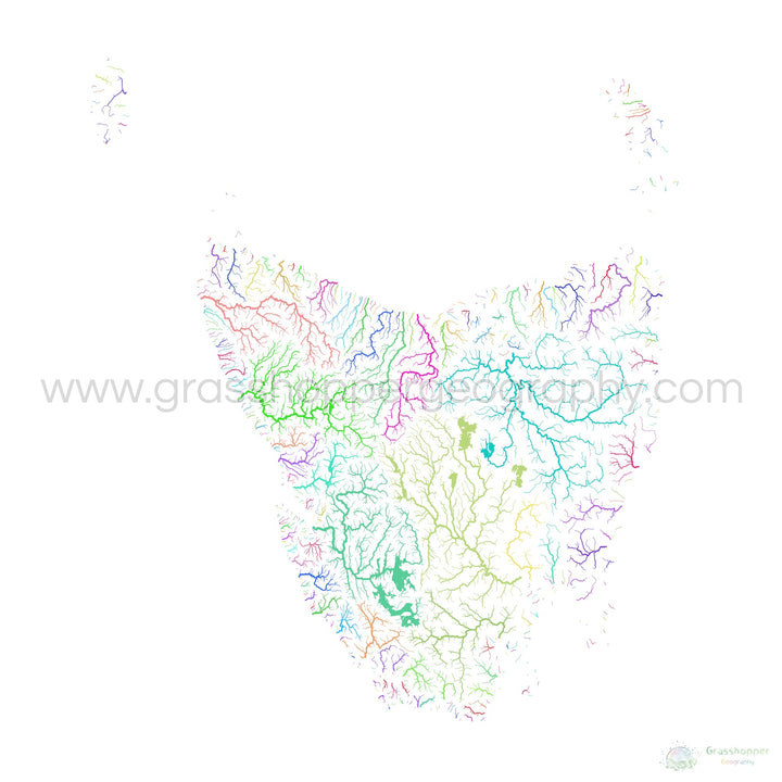 Tasmania - Mapa de la cuenca fluvial, arco iris sobre blanco - Impresión de bellas artes