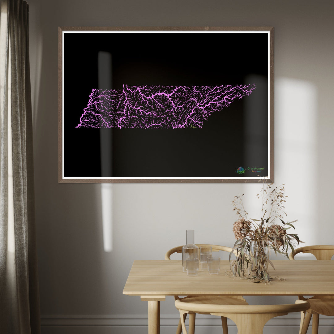 River basin map of Tennessee, pastel colours on black - Fine Art Print