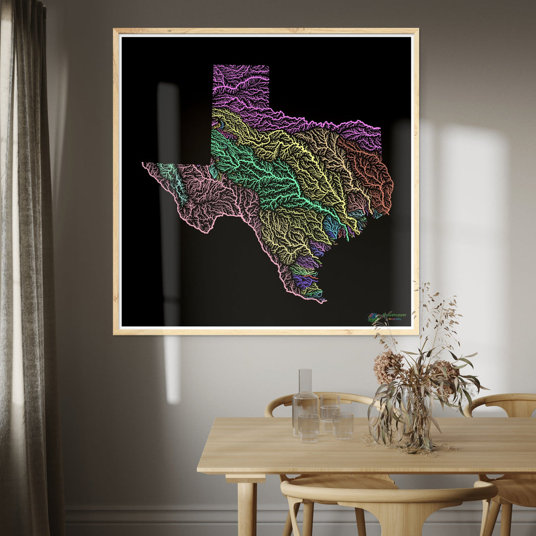 Texas - Mapa de la cuenca fluvial, pastel sobre negro - Impresión de Bellas Artes