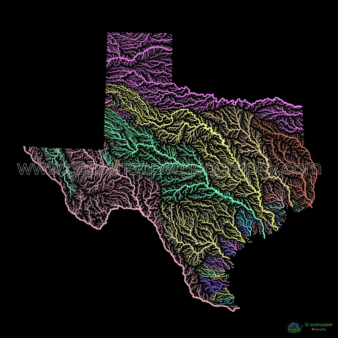 River basin map of Texas, pastel colours on black - Fine Art Print