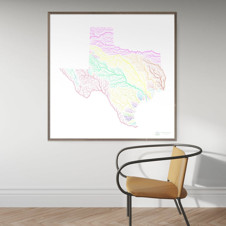 Texas - Carte du bassin fluvial, pastel sur blanc - Fine Art Print