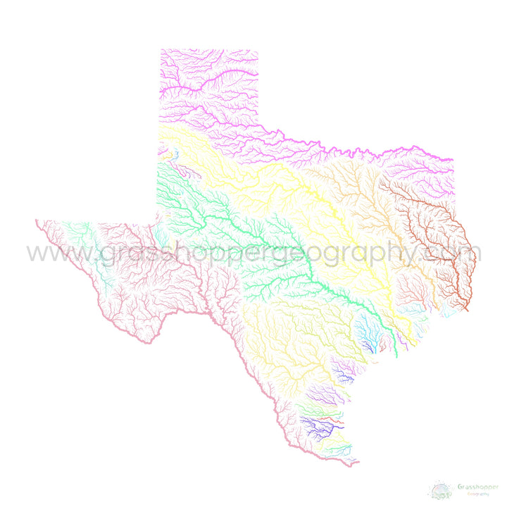 Texas - Mapa de la cuenca fluvial, pastel sobre blanco - Impresión de Bellas Artes