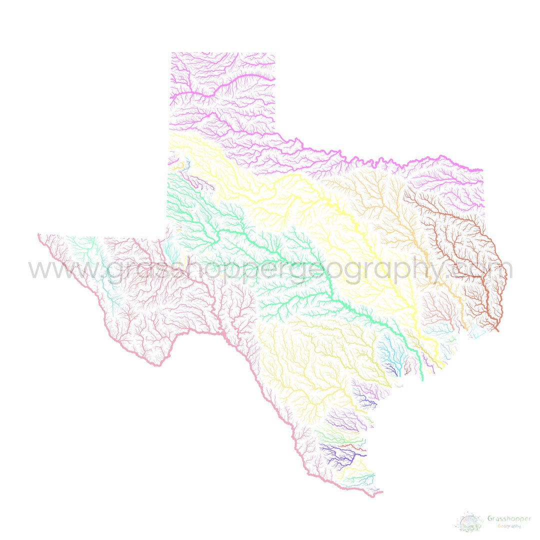 Texas - Carte du bassin fluvial, pastel sur blanc - Fine Art Print