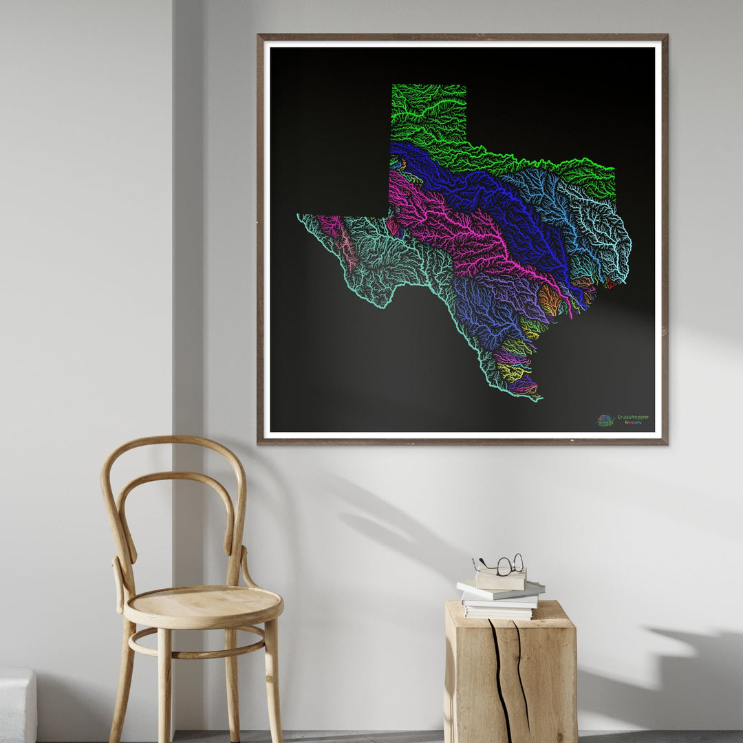 Texas - River basin map, rainbow on black - Fine Art Print