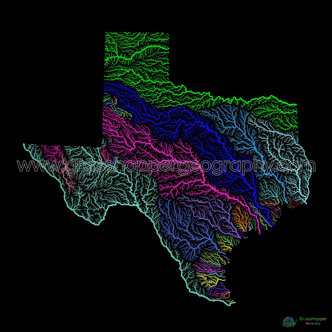 Texas - River basin map, rainbow on black - Fine Art Print