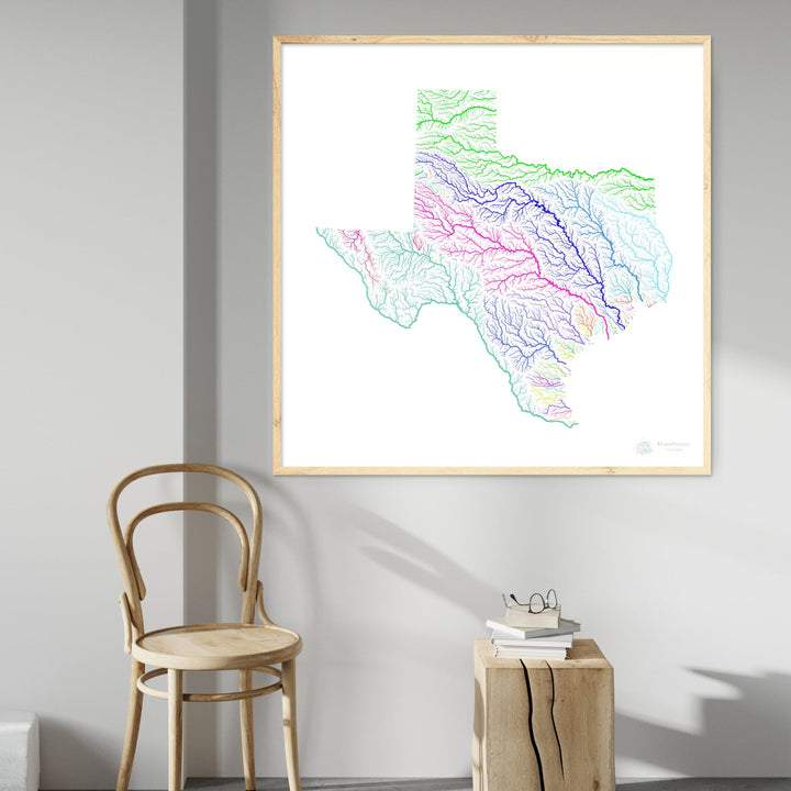 Texas - Mapa de la cuenca fluvial, arco iris sobre blanco - Impresión de Bellas Artes