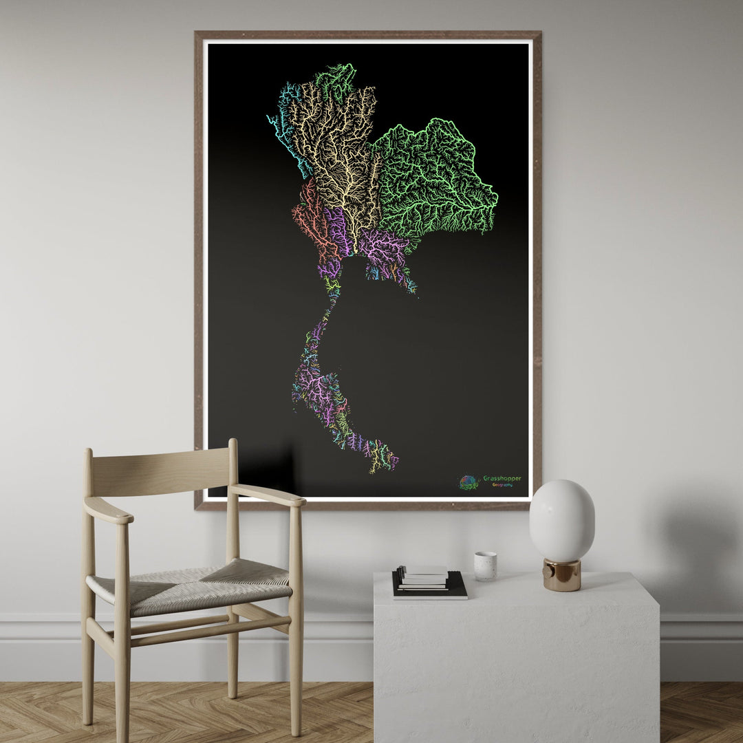 Thaïlande - Carte des bassins fluviaux, pastel sur noir - Fine Art Print