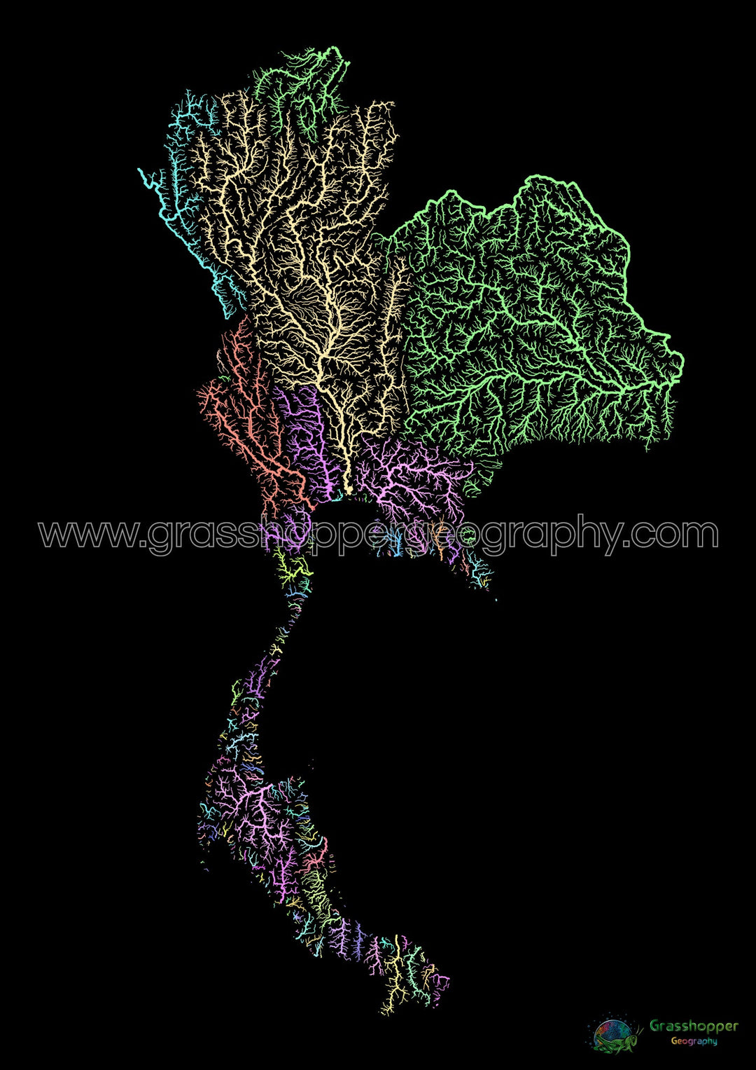 River basin map of Thailand, pastel colours on black - Fine Art Print