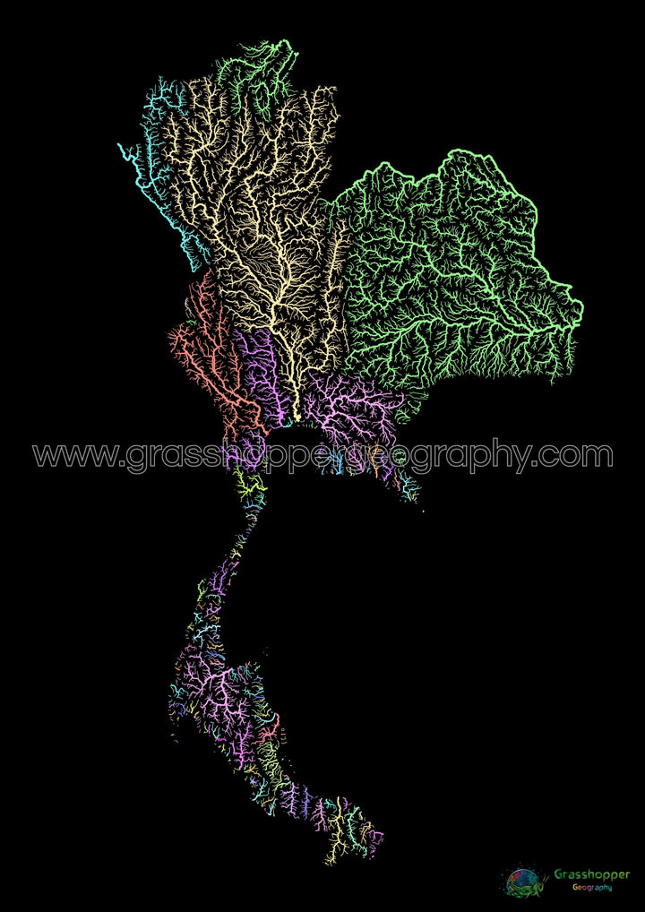 Thaïlande - Carte des bassins fluviaux, pastel sur noir - Fine Art Print
