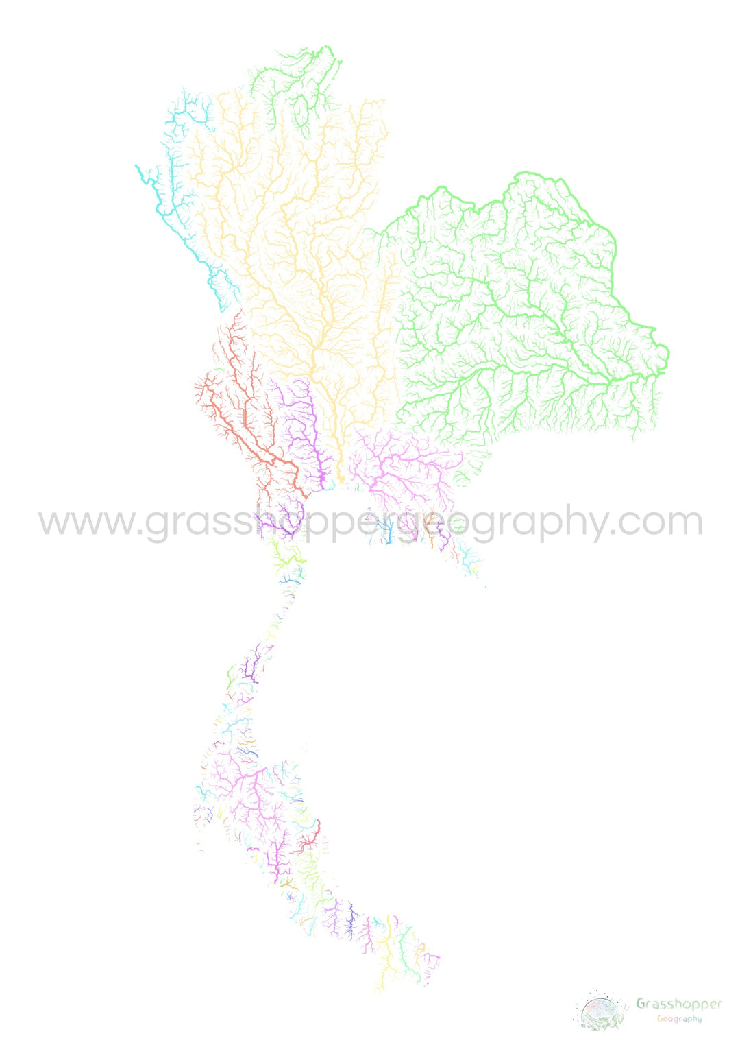 River basin map of Thailand, pastel colours on white - Fine Art Print