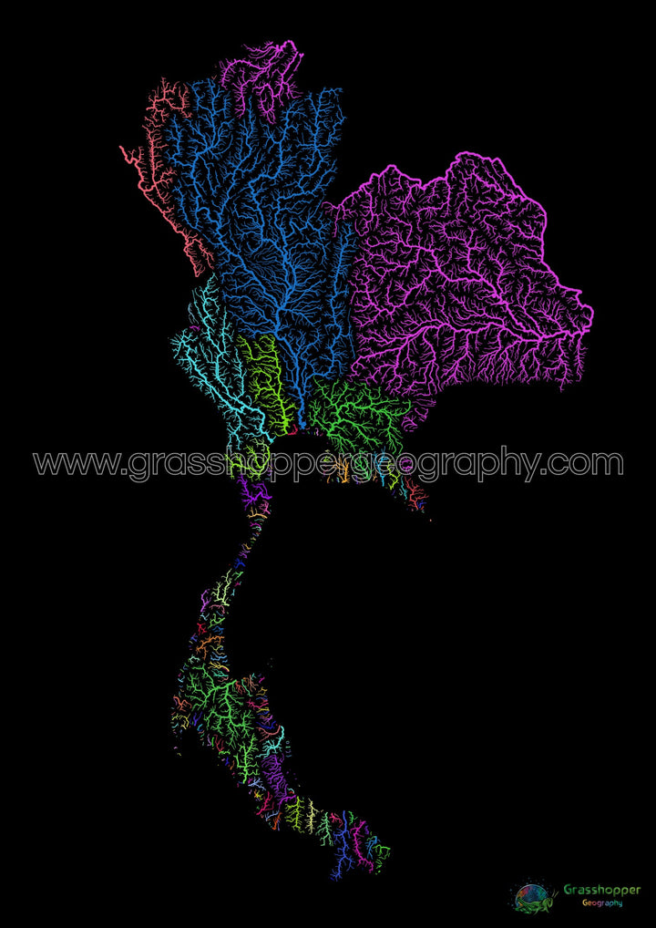 Thailand - River basin map, rainbow on black - Fine Art Print