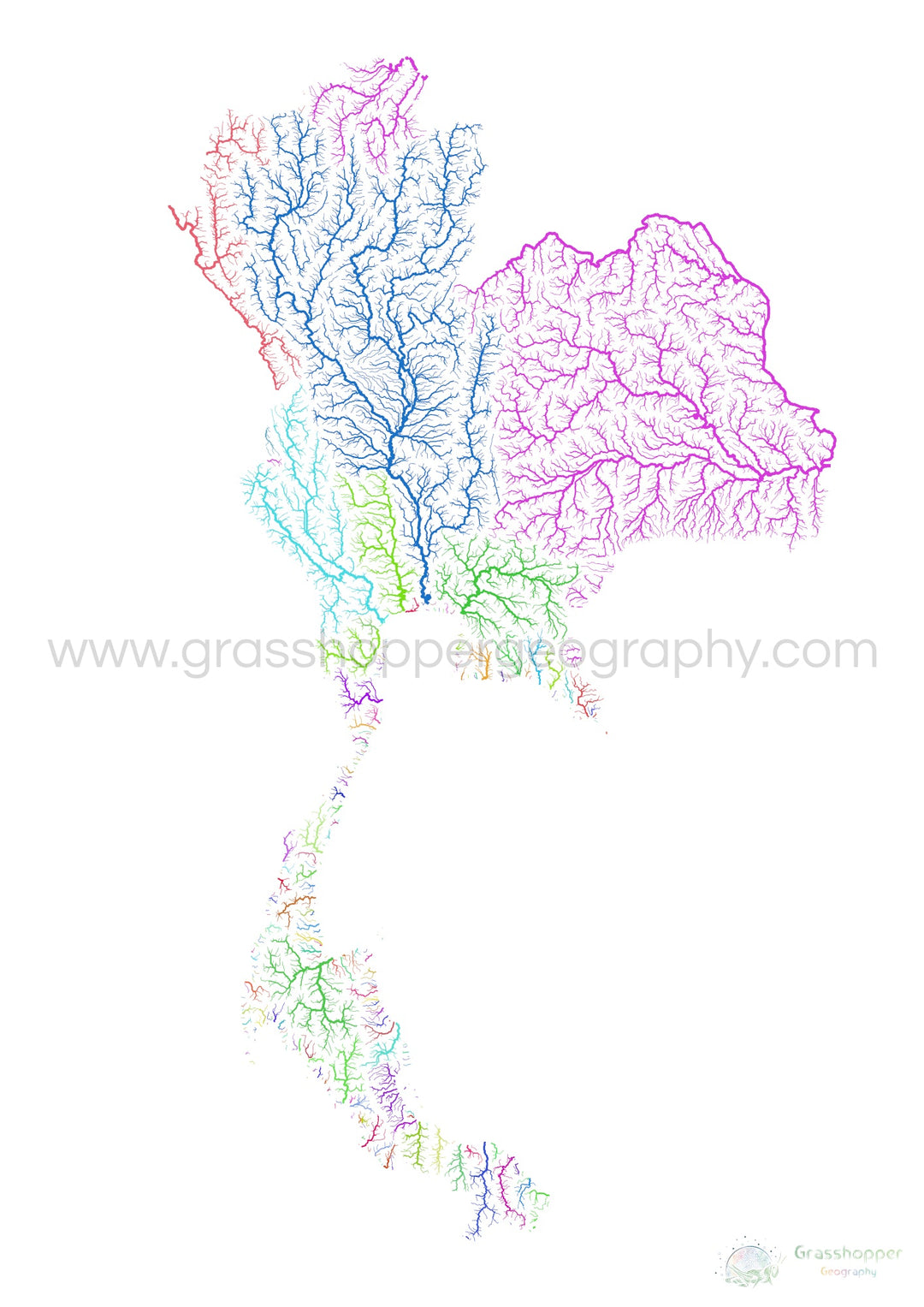 Tailandia - Mapa de la cuenca fluvial, arco iris sobre blanco - Impresión de Bellas Artes