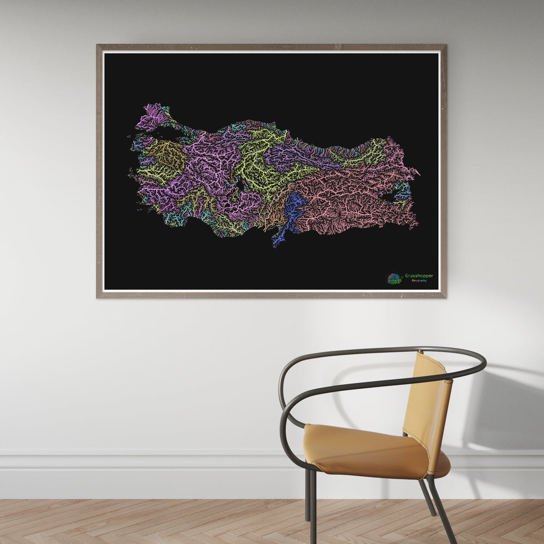 Turquie - Carte des bassins fluviaux, pastel sur noir - Fine Art Print