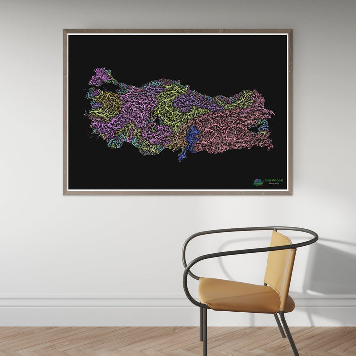 Turkey - River basin map, pastel on black - Fine Art Print