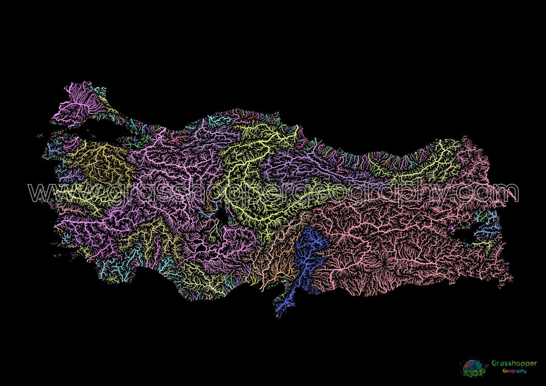 Turquía - Mapa de la cuenca fluvial, pastel sobre negro - Impresión de Bellas Artes