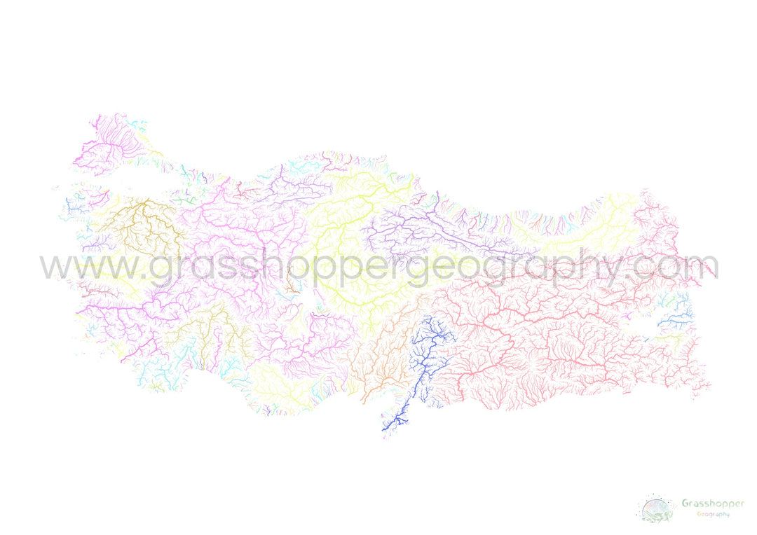 Turquie - Carte des bassins fluviaux, pastel sur blanc - Fine Art Print