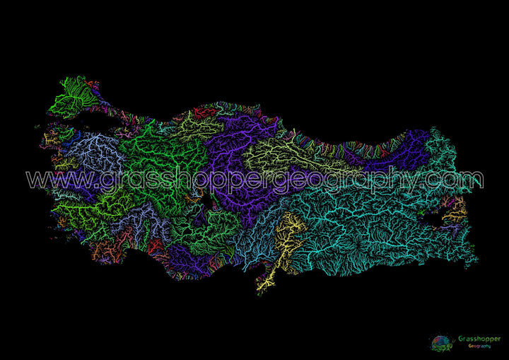 Turquía - Mapa de la cuenca fluvial, arco iris sobre negro - Impresión de Bellas Artes