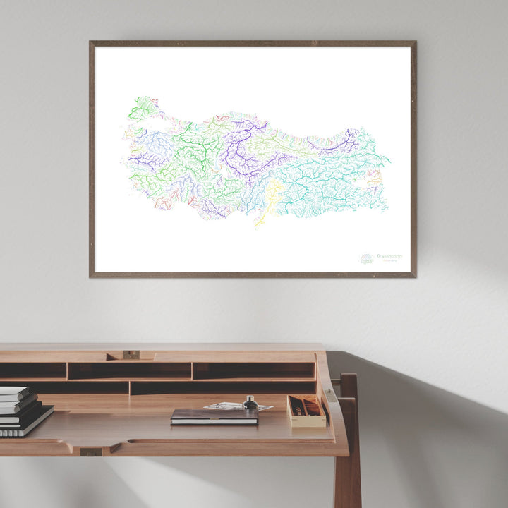 Turquía - Mapa de la cuenca fluvial, arco iris sobre blanco - Impresión de Bellas Artes