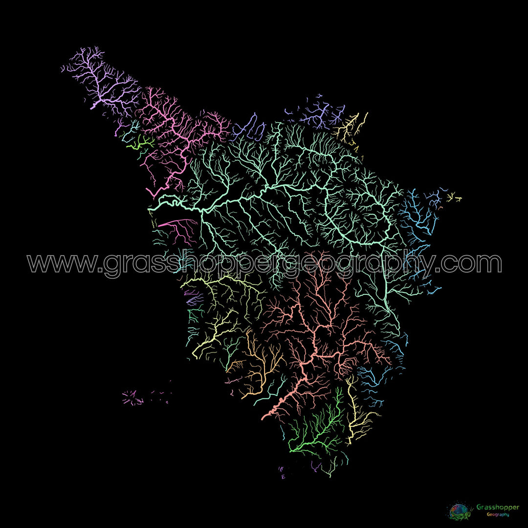 River basin map of Tuscany, pastel colours on black - Fine Art Print