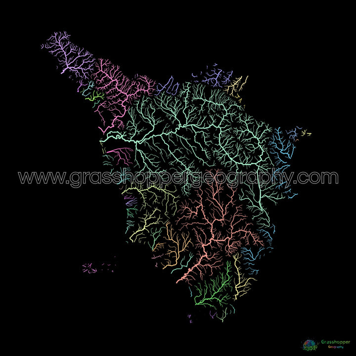 Toscana - Mapa de la cuenca fluvial, pastel sobre negro - Impresión de Bellas Artes