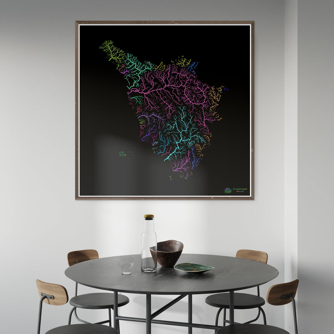 Toscane - Carte des bassins fluviaux, arc-en-ciel sur noir - Fine Art Print