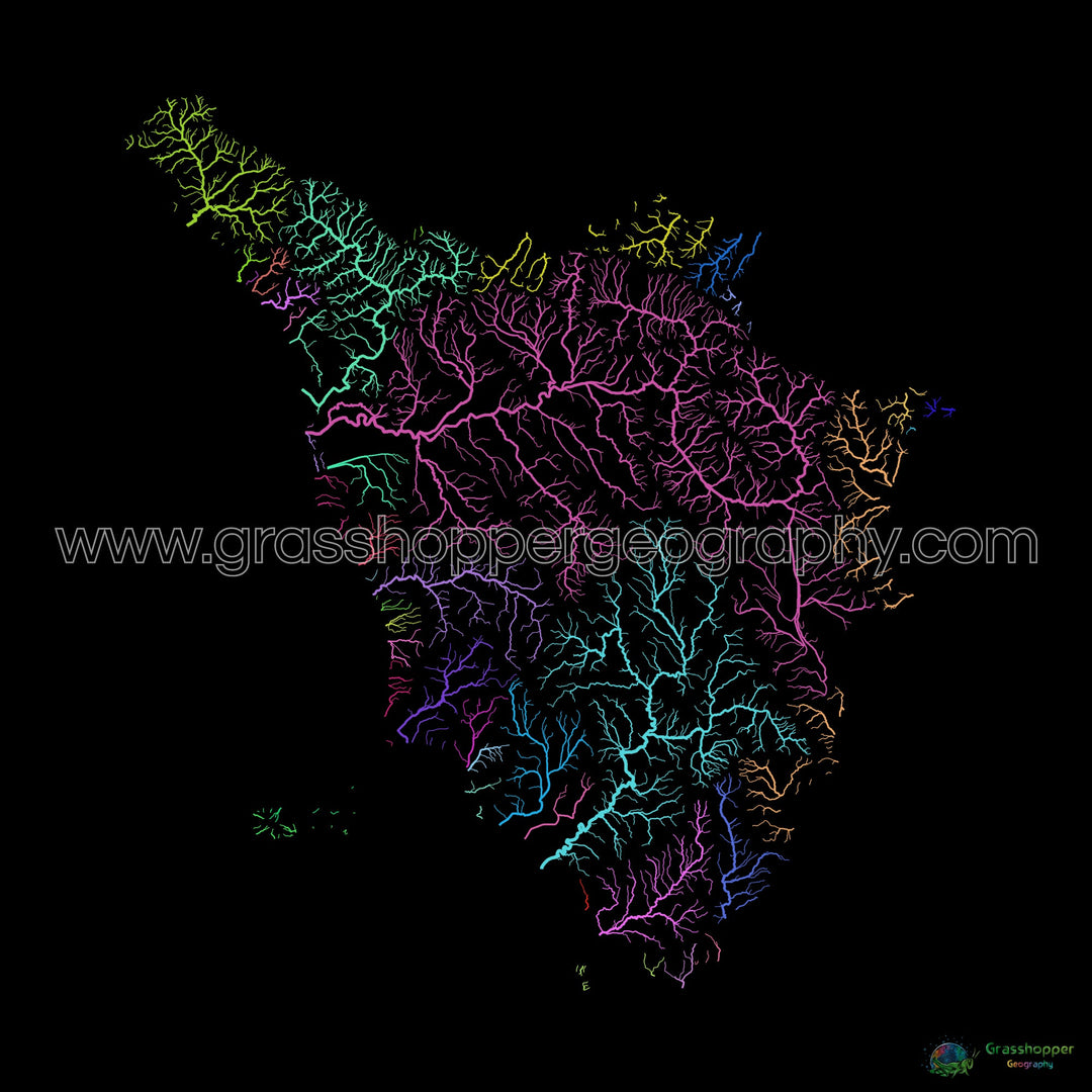 River basin map of Tuscany, rainbow colours on black - Fine Art Print