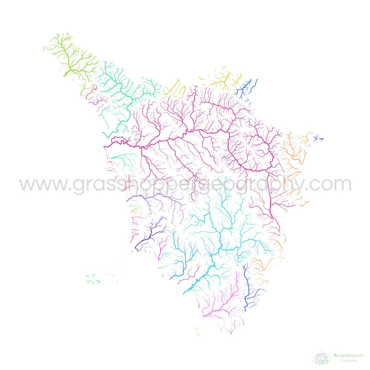 Toscana - Mapa da bacia hidrográfica, arco-íris em branco - - Impressão de belas artes
