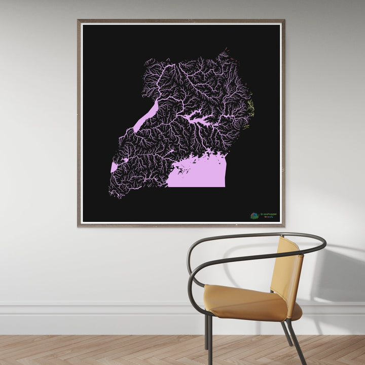 Uganda - Mapa de la cuenca fluvial, pastel sobre negro - Impresión de Bellas Artes