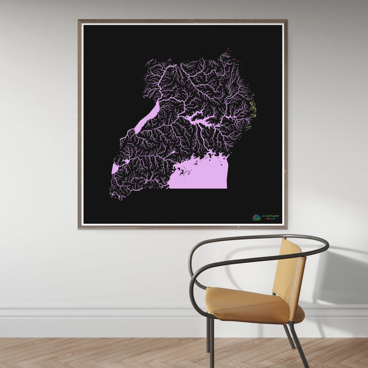 Ouganda - Carte des bassins fluviaux, pastel sur noir - Fine Art Print