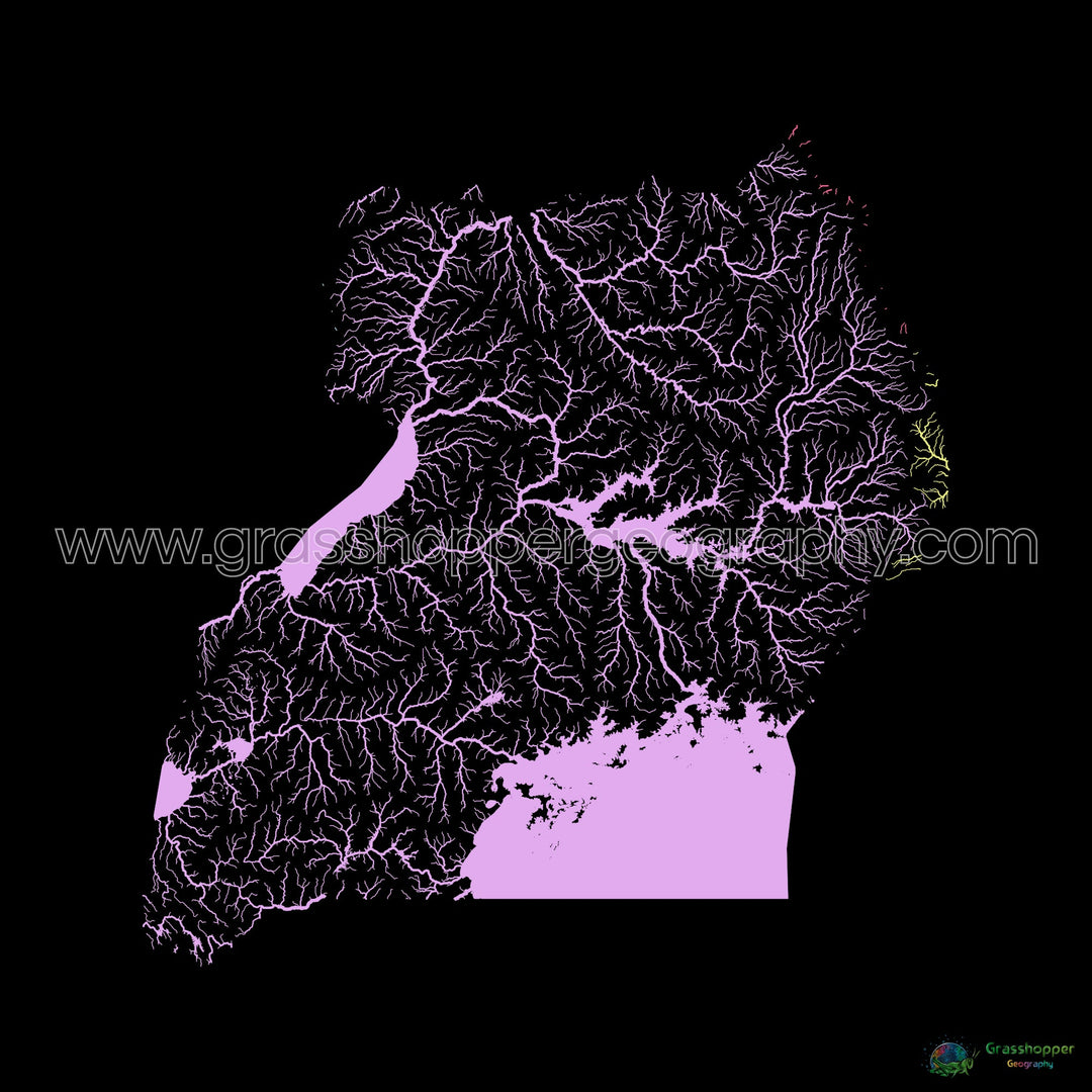 Ouganda - Carte des bassins fluviaux, pastel sur noir - Fine Art Print