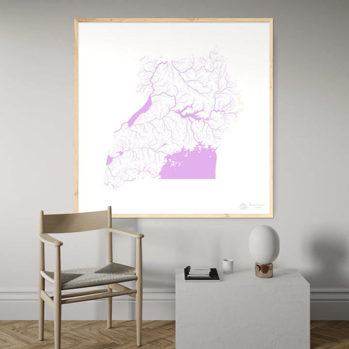 Ouganda - Carte des bassins fluviaux, pastel sur blanc - Fine Art Print