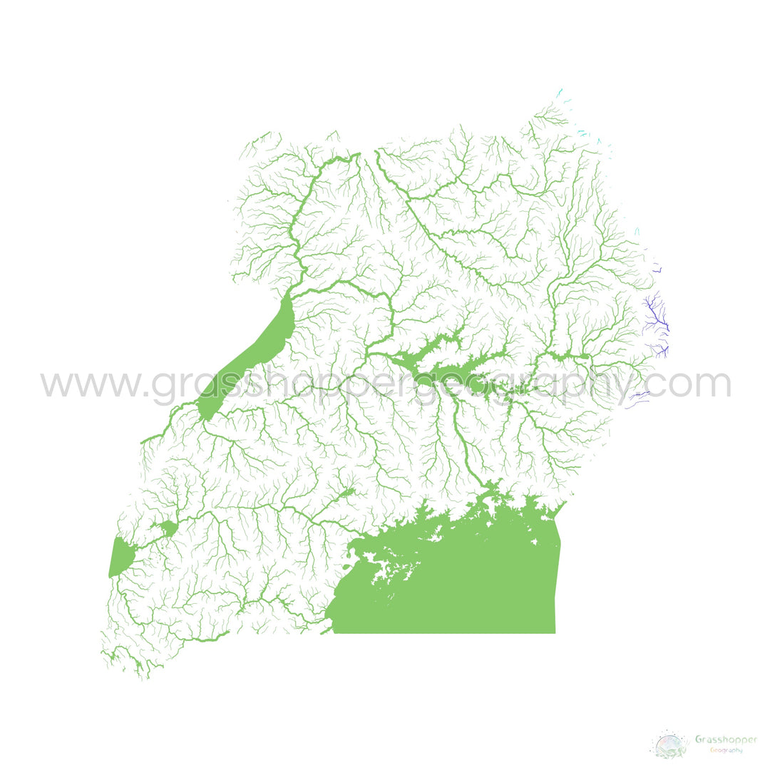 Uganda - River basin map, rainbow on white - Fine Art Print