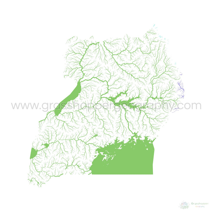 Uganda - River basin map, rainbow on white - Fine Art Print