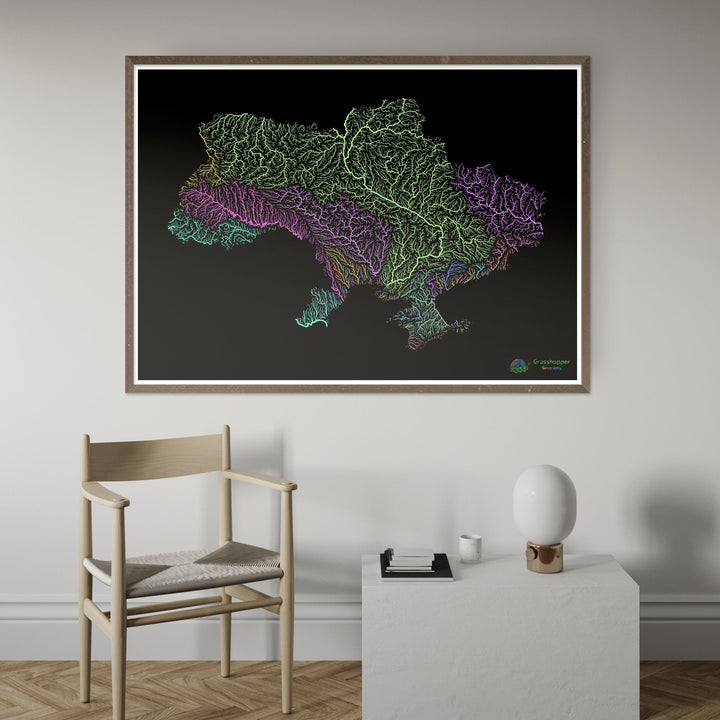 Ukraine - River basin map, pastel on black - Fine Art Print